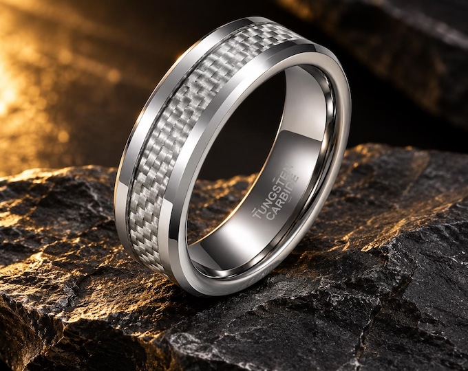 Custom Engraved Tungsten Ring, Silver Gray Carbon Fiber Inlay Wedding Band, 6mm Personalized Promise Ring, Wedding Ring Anniversary Gift