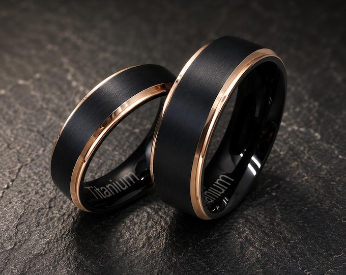 Titanium Wedding Band Set for Couples, His & Hers Black Brushed Rose Gold Plated Rings, 8mm 6mm Comfort Fit, Personalized Engagement Band