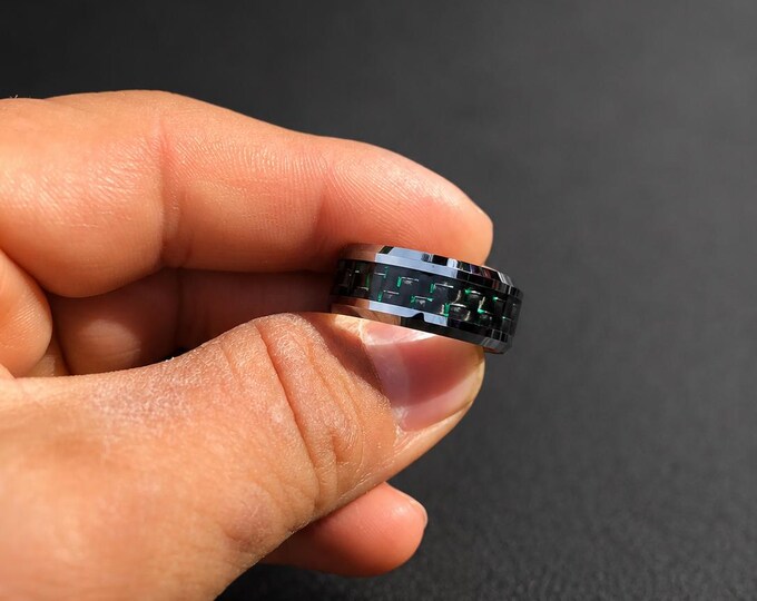 Engraved 9mm Tungsten Carbide Wedding Band, Black & Green Carbon Fiber Ring, Men's Comfort Fit Personalized Anniversary Ring, Durable Gift