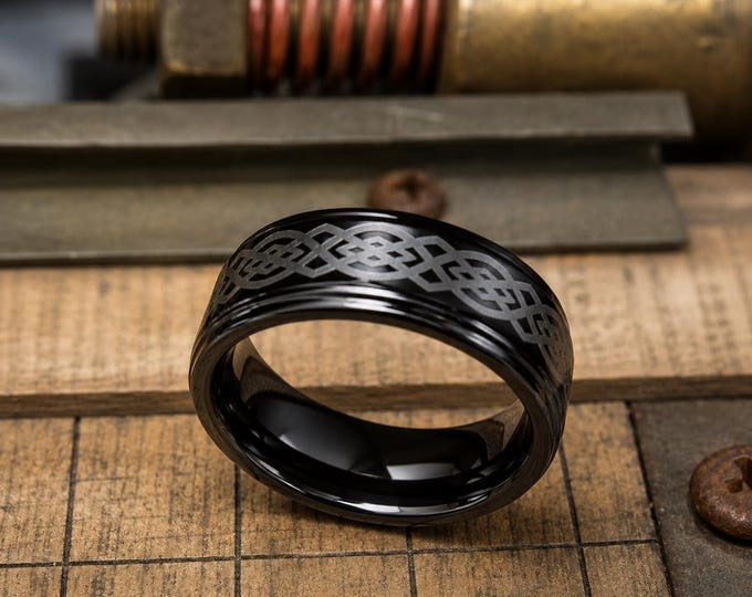 Custom Engraved Black Tungsten Ring, Celtic Knot Wedding Band, 8mm Couple’s Ring, Personalized Anniversary Durable Black Wedding Jewelry