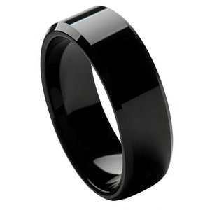 Custom Engraved Statement Ring, Black Stainless Steel Ring, Free Personalization Dainty Jewelry, Beveled Edge Band for Men & Women
