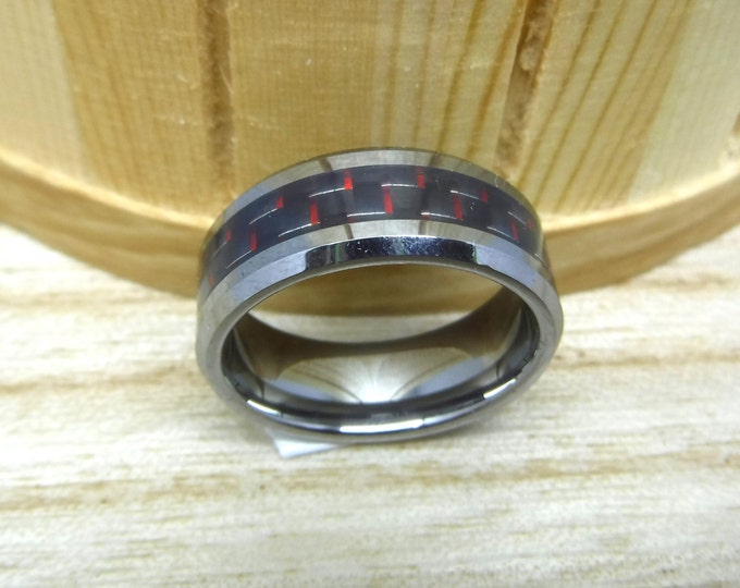 8mm Rose Gold Tungsten Ring with Red & Black Carbon Fiber, Custom Engraved Statement Ring, Men’s Beveled Wedding Band Personalized Gift