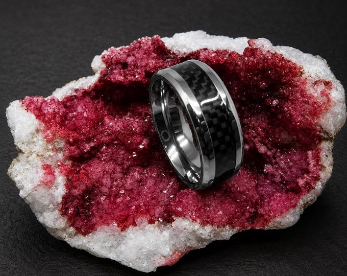 Custom Engraved Titanium Wedding Band, Black Carbon Fiber Inlay Ring, Personalized Wedding Ring, Comfort Fit Anniversary Gift Promise Band