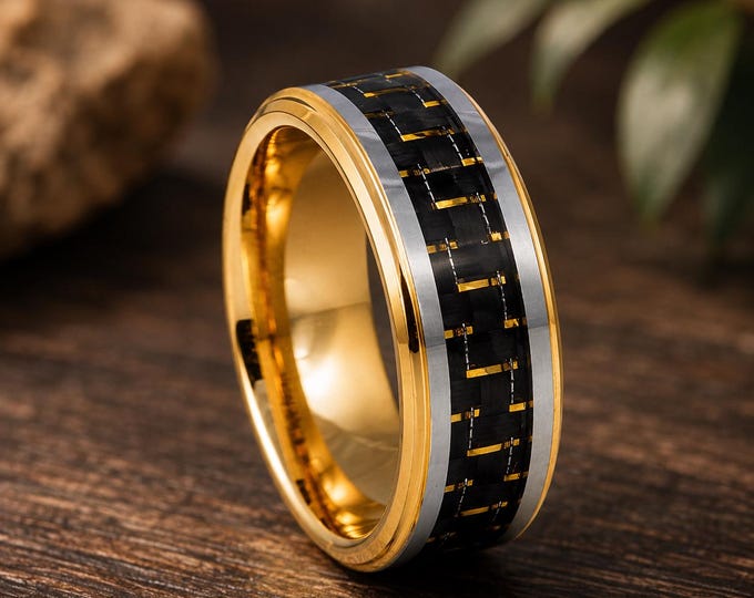 Personalized 8mm Yellow Gold IP Plated Tungsten Ring, Black Carbon Fiber Inlay Wedding Band, Custom Engraved Comfort Fit Promise Ring