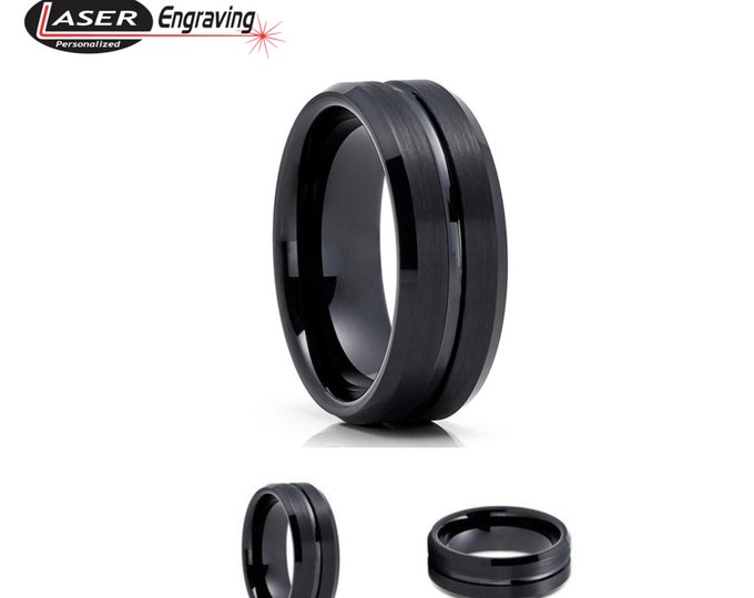 Brushed Grooved Wedding Band, Personalised Engraving Ring, Modern & Durable Custom Engraved Band, 8mm Black Tungsten Carbide Ring