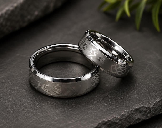 Custom Laser Engraved Tungsten Carbide Ring, Irish Claddagh Celtic Wedding Band, Personalized Heart Hands Crown Ring, Anniversary Jewelry