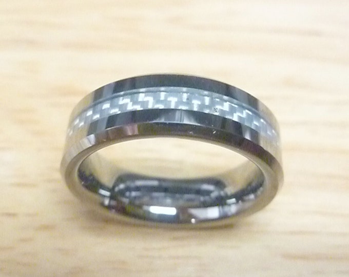 6mm Men's Wedding Band with Gray Carbon Fiber Inlay, Personalized Carbide Promise Ring, Custom Engraved Tungsten Ring, Statement Ring Gift