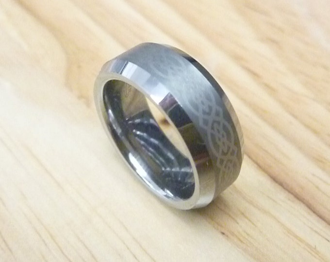 Celtic Knot Tungsten Ring, 8mm Beveled Edge Wedding Band for Women, Personalized Commitment Ring, Custom Engraved Engagement Ring
