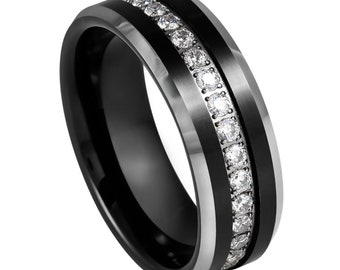 Free Custom Engraved Dainty Ring, Black Stainless Steel Ring, 8mm Eternity Wedding Band with White CZ & Beveled Edge, Couple Ring Gift