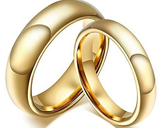 8mm & 6mm His and Hers Rings, Polished Couple Rings, Promise Bands Dainty Jewelry, Custom Engraved Tungsten Gold Wedding Band Set