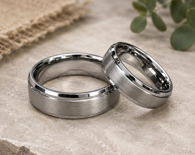 Brushed Step Edge Tungsten Couple Rings Set, Durable Custom Engraved Matching Wedding Bands, Personalized Promise Ring Set Anniversary Gift