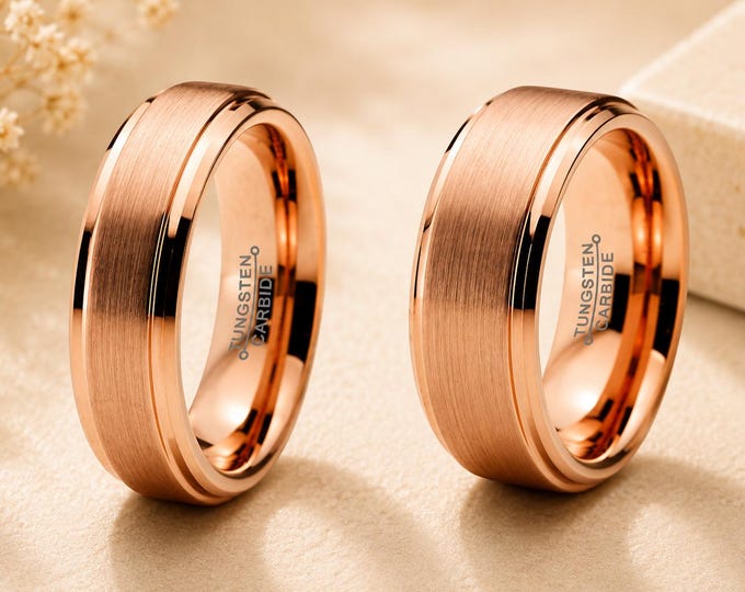 Custom Engraved Rings, Rose Gold Plated Tungsten Wedding Bands, Brushed Finish Fiber Inlay Ring Set, Matching His-Hers Couple Rings