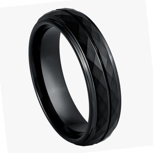 Free Personalized laser engraving Ring for Men and Women Black IP Faceted Finish with Center Groove – 6mm Wedding Band Rings for Couples
