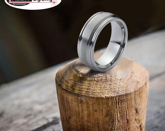 Personalized Engraving - 8mm Tungsten Carbide Brushed Center 2 Grooved Line | Engagement Anniversary | Wedding Band Ring for Men Or Women