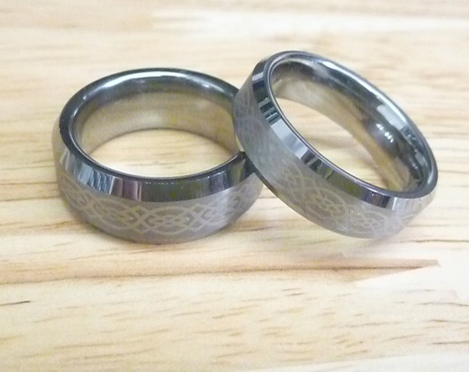 Personalized Celtic Knot Ring, Tungsten Wedding Ring, 8mm/6mm Beveled Edge Band, Custom Laser Engraved Gift, Couple Anniversary Ring