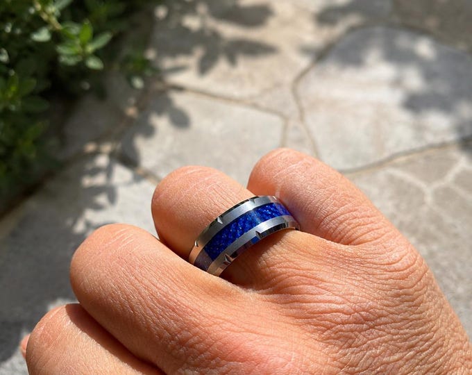 Unique Blue Carbon Fiber Wedding Band, Engraved Tungsten Carbide Ring, Men's Tungsten Ring, Personalized Groom Ring, Women's Modern Jewelry