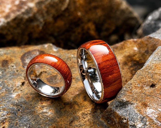 Personalized Titanium Wedding Band with Cherry Brown Koa Wood Inlay, 8mm & 6mm Comfort Fit Ring, Custom Engraved Promise Ring Dainty Gift