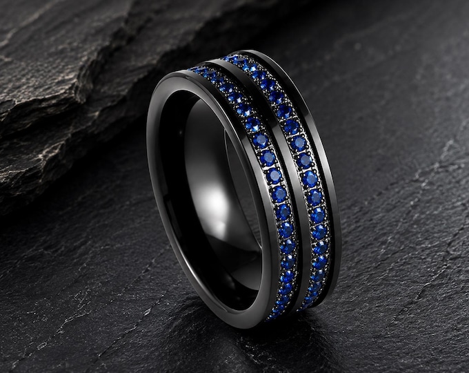 Black Tungsten Wedding Band 8mm, Blue CZ Ring, Free Custom Engraving Ring, Comfort Fit Men's Wedding Ring, Personalized Promise Band Gift