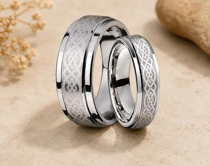 Celtic Knot Tungsten Carbide Ring Set for Couples, His & Hers Matching Wedding Bands, Anniversary Rings Gift, Eternal Love Promise Jewelry
