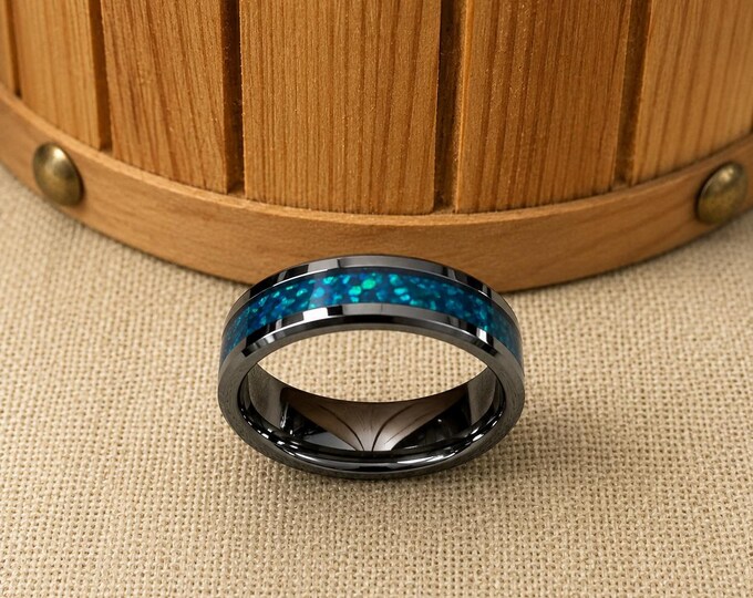 Custom Engraved Ring, Tungsten Wedding Ring with Hawaiian Blue Opal Inlay, Beveled Edge Band for Men, Unique Anniversary & Groom Gift