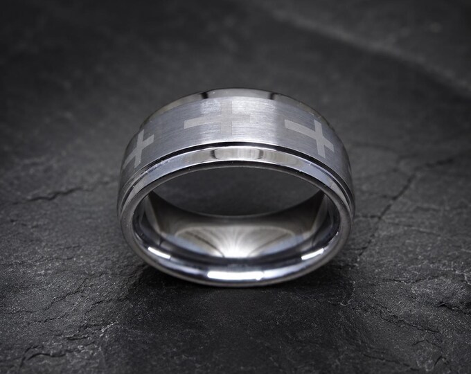Custom Engraved Tungsten Carbide Wedding Ring, 8mm Step Edge Band with Cross Design, Personalized Wedding Band, Unique Anniversary Gift