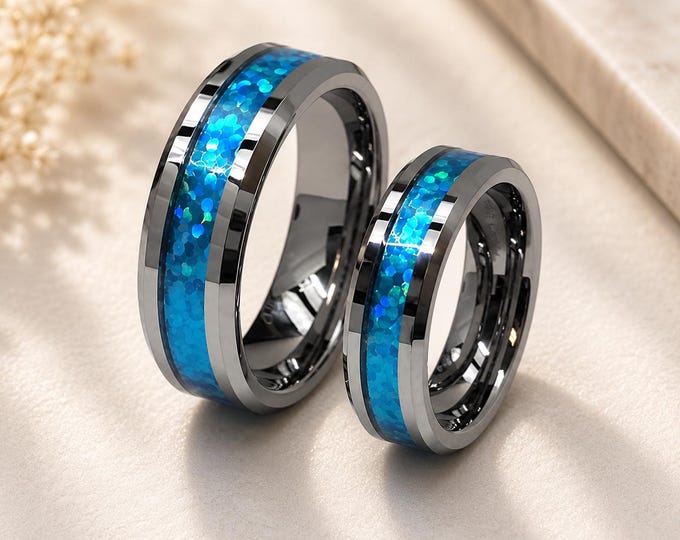 Tungsten Wedding Bands with Hawaiian Blue Koa Wood Inlay, Beveled Edge Rings, Custom Engraved Matching Couple Bands, Unique Rustic Jewelry