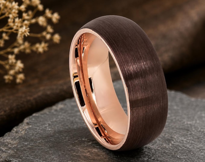 Personalized Espresso Tungsten Ring, 18K Rose Gold Inlay Wedding Band, Brushed Finish Comfort Fit, Custom Engraved Promise Ring for Gift