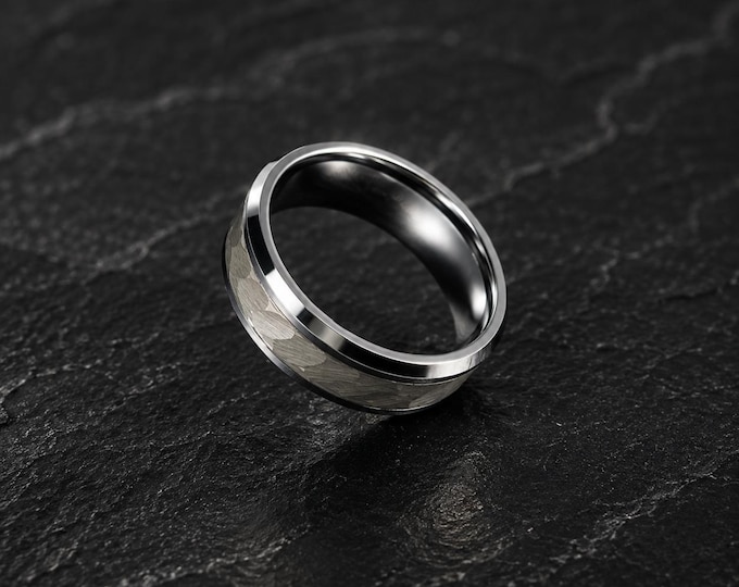Custom Engraved Tungsten Carbide Wedding Band, Hammered Ring Jewelry, Personalized Men's Wedding Ring, Women's Rustic Promise Band