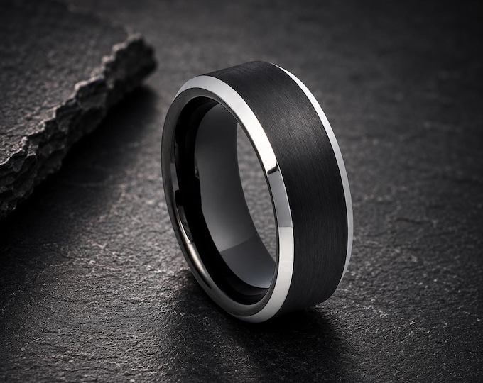 Personalized Black Tungsten Wedding Band 8mm Comfort Fit Ring, Custom Engraved Carbide Promise Ring, Durable Groom Wedding Jewelry