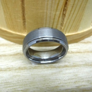 Personalized 8mm Tungsten Carbide Ring, Brushed Center Step Edge Wedding Band, Custom Laser Engraved Engagement Ring for Him or Her
