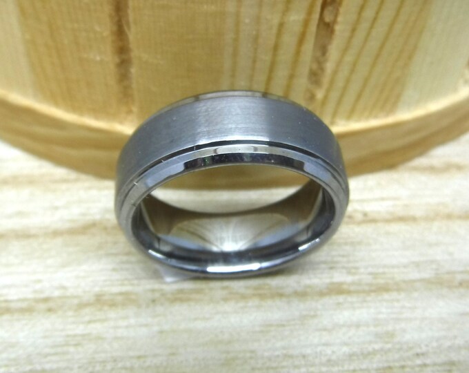 Personalized 8mm Tungsten Carbide Ring, Brushed Center Step Edge Wedding Band, Custom Laser Engraved Engagement Ring for Him or Her