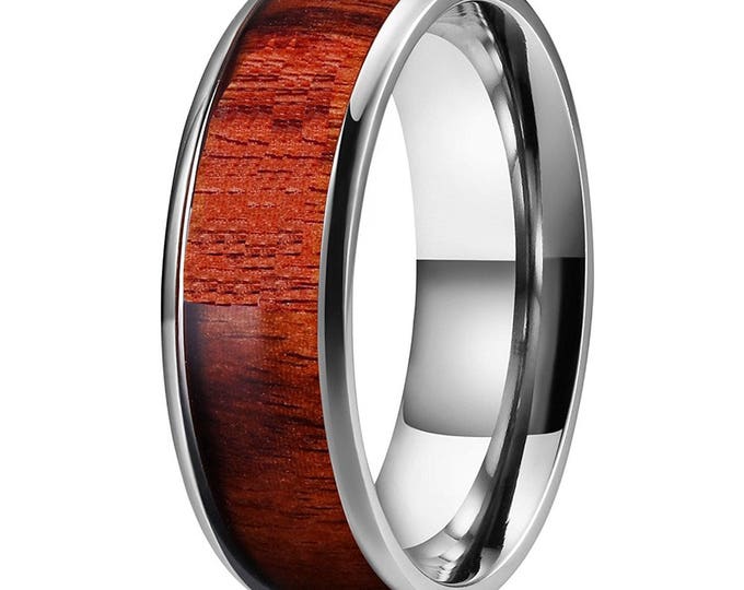 Personalized 8mm Ring, Titanium Ring with Hawaiian Koa Wood Inlay, Custom Engraved Statement Ring, Wedding Band Anniversary Gift