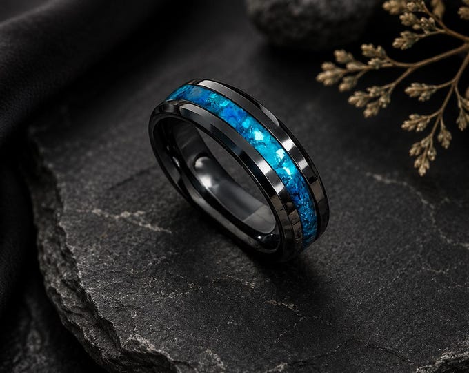 Custom Engraved Tungsten Carbide Ring, Blue Opal Inlay Wedding Band, Men's Anniversary Ring