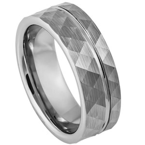Free Personalized laser engraving Ring for Men and Women TheRingCrafter Faceted Ring with Off-center Groove – 8mm Wedding Band Ring