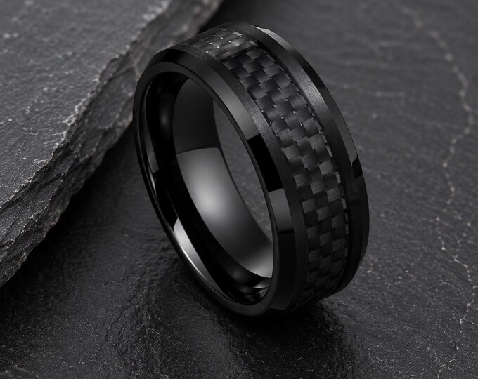 Personalized Engraved Black Tungsten Carbide Ring, 8mm Carbon Fiber Inlay Wedding Band, Custom Promise Ring, Comfort Fit Anniversary Gift