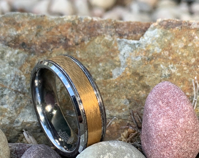 Tungsten Carbide 8mm Gold IP Plated Wire Brushed Bevel Edge Engagement Anniversary | Wedding Band Ring for Men Or Women