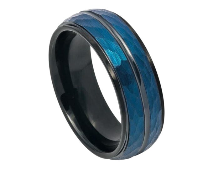 Blue & Black Hammered Finish Ring, Wedding Band for Men or Women, Unique Two-Tone Design Ring, Custom Engraved 8mm Tungsten Ring