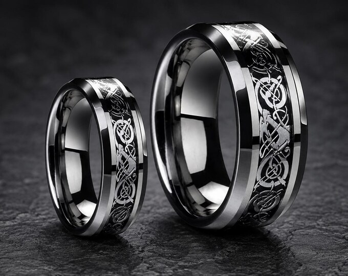 Black Tungsten Dainty Wedding Bands Set for Couple, Celtic Dragon Knot Rings with Carbon Fiber Inlay, Custom Engraved Matching Ring Set