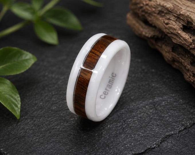 Koa High Tech Ceramic Ring, Faceted White Ceramic Ring, 8mm Hawaiian Koa Wood Inlay Band, Comfort Fitment Tungsten Wedding Band
