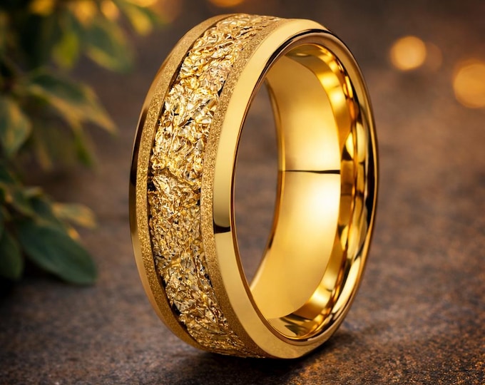 Aurelius Tungsten Carbide Wedding Band • 18K Gold Plated Men’s Ring • Gold Foil Inlay Luxury Band Personalized Engraved Jewelry