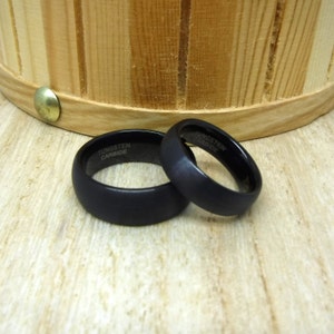 Personalized Dainty Ring, Black Tungsten Ring Set, 6mm & 8mm Custom Laser Engraved Dome Brushed Wedding Band, His and Hers Promise Ring