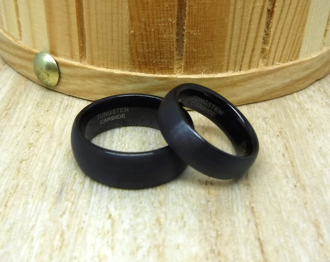 Custom Laser Engraving Ring - 8mm/6mm Tungsten Carbide Black Plated Brushed Dome Shape Wedding Band Ring Set Gift for Her & Gift for Him