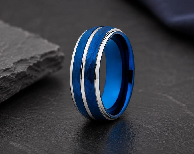 Blue Tungsten Ring, Hammered Silver Inlay Wedding Band, Custom Engraved Tungsten Carbide Ring, Comfort Fit Promise Ring, Durable Dainty Gift