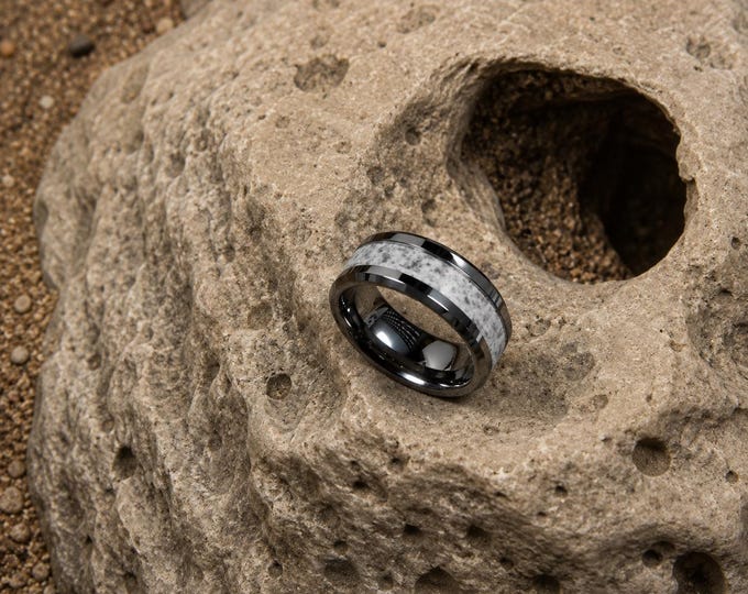 Rustic Tungsten Wedding Ring with Real Antler Inlay, Custom Engraved 8mm Band, Personalized Promise Ring for Him, Handmade Groom Jewelry