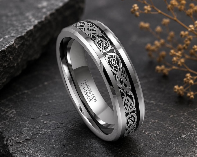 Dragon Celtic Knot Tungsten Ring, Engraved Unisex Wedding Band, Black Tungsten Carbide Ring, Celtic Dragon Promise Anniversary Ring