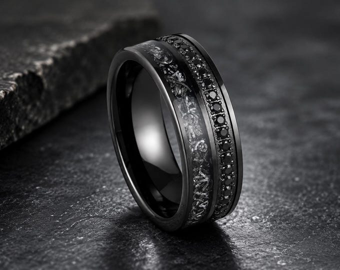 Black Tungsten Ring, Titanium Shavings CZ Eternity Band, Custom Engraved Wedding Ring, Personalized Promise Band, Laser Engraving Gift