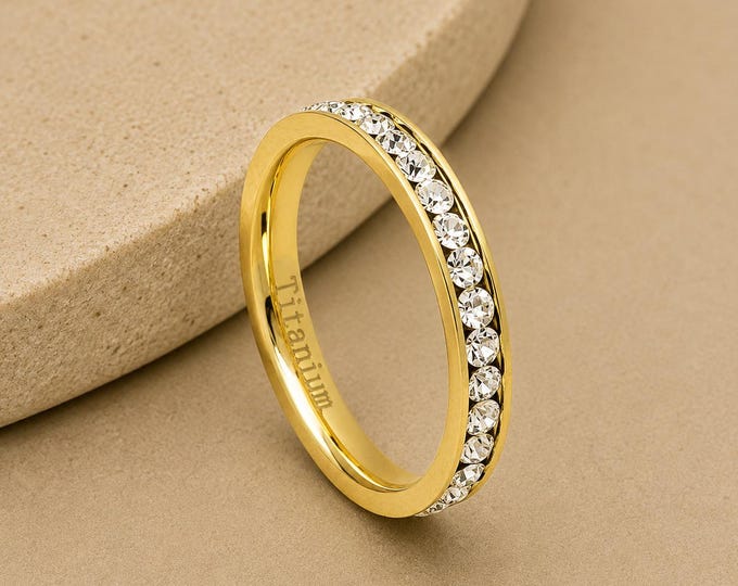 Personalized Gold Plated Titanium Eternity Ring with CZ Stones, Custom Engraved 3mm Wedding Band, Stackable Promise Ring, Anniversary Gift