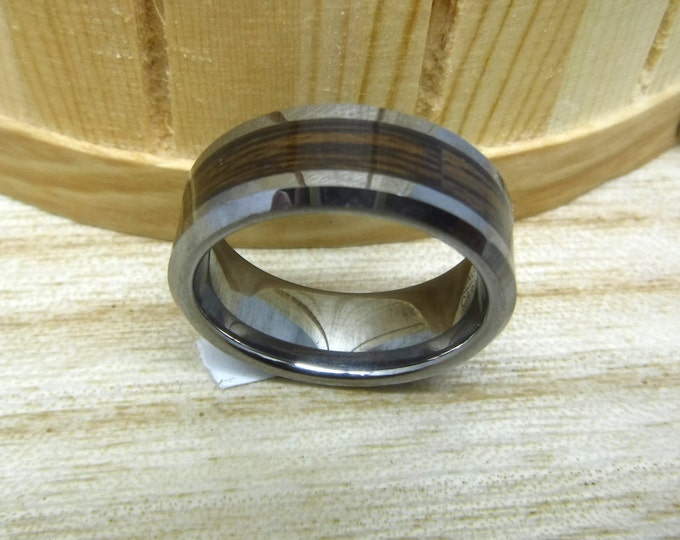 Tungsten Wood Ring, 8mm Beveled Edge Wedding Band with Personalized Laser Etching, Custom Engraved Unique Ring, Engagement Ring Gift