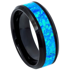 Personalisierter Lasergravur Ring für Männer und Frauen TheRingCrafter Opal Inlay Schwarz IP überzogener abgeschrägter Rand Ring Ehering Ring