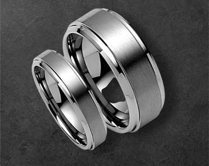 Tungsten Wedding Bands Set, 8mm & 6mm His and Hers Brushed Step Edge Rings, Personalized Couple Rings, Custom Engraved Matching Set